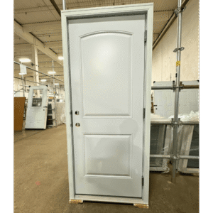 A white 2 panel camber door