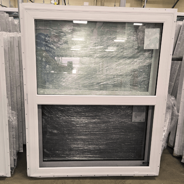 A 39" x 47" single hung window with a white vinyl frame