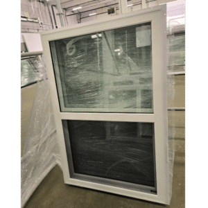 A 39" x 59" single hung window with a white vinyl frame