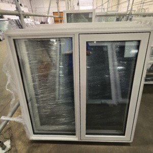A 47" x 47" casement window with a white virgin vinyl frame