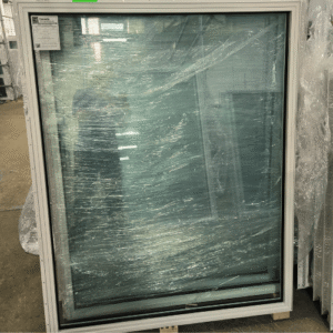 A 47" x 59" fixed window with a white virgin vinyl frame
