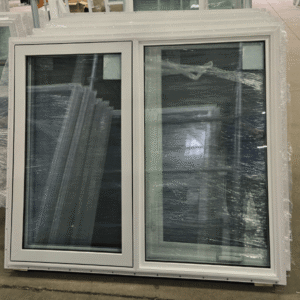 A 55 inch x 47 inch casement window with a virgin vinyl white frame