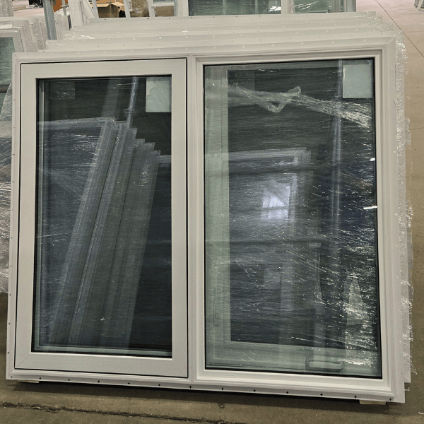 A 55 inch x 47 inch casement window with a virgin vinyl white frame