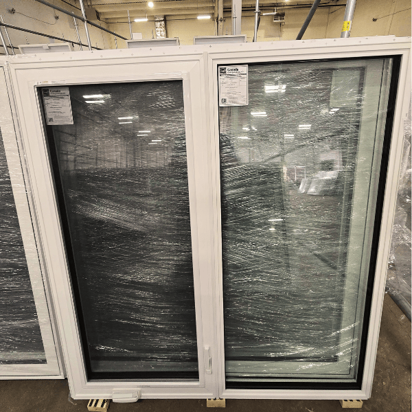 A 55" x 59" casement window with a white virgin vinyl frame
