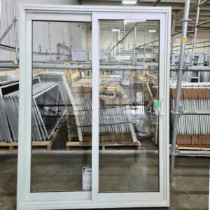 A Patio door with a white vinyl frame