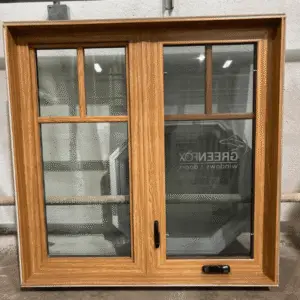 48x48 Casement Window with a light brown frame