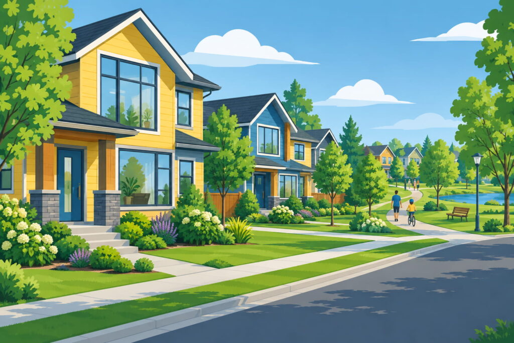 Illustration of a modern residential community in the Edmonton area with energy-efficient windows and entry doors