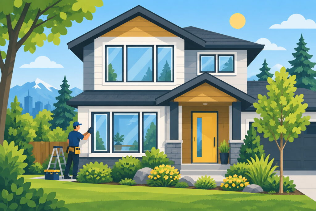 Illustration of an Alberta home with upgraded energy-efficient windows and entry door