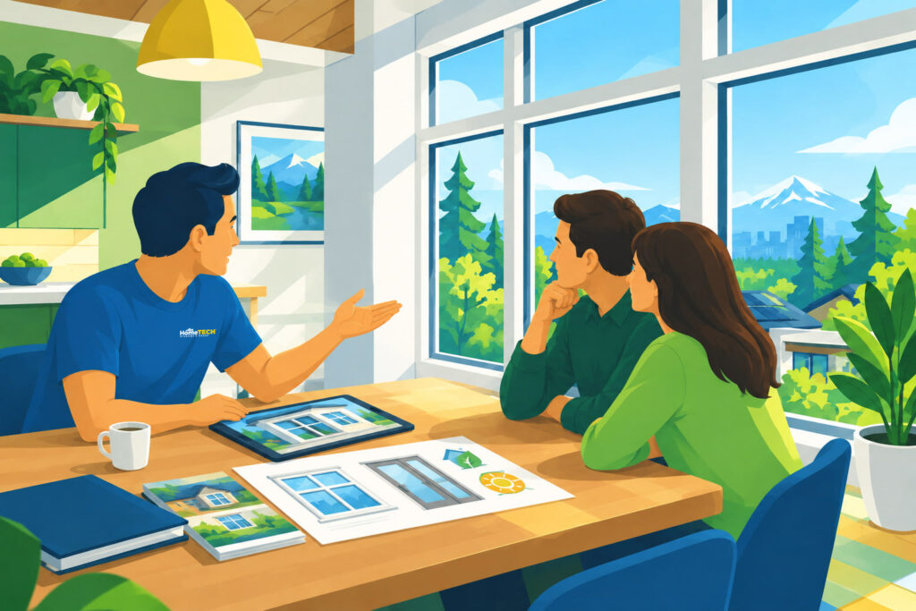 Illustration of homeowners discussing replacement window and door options during a home consultation