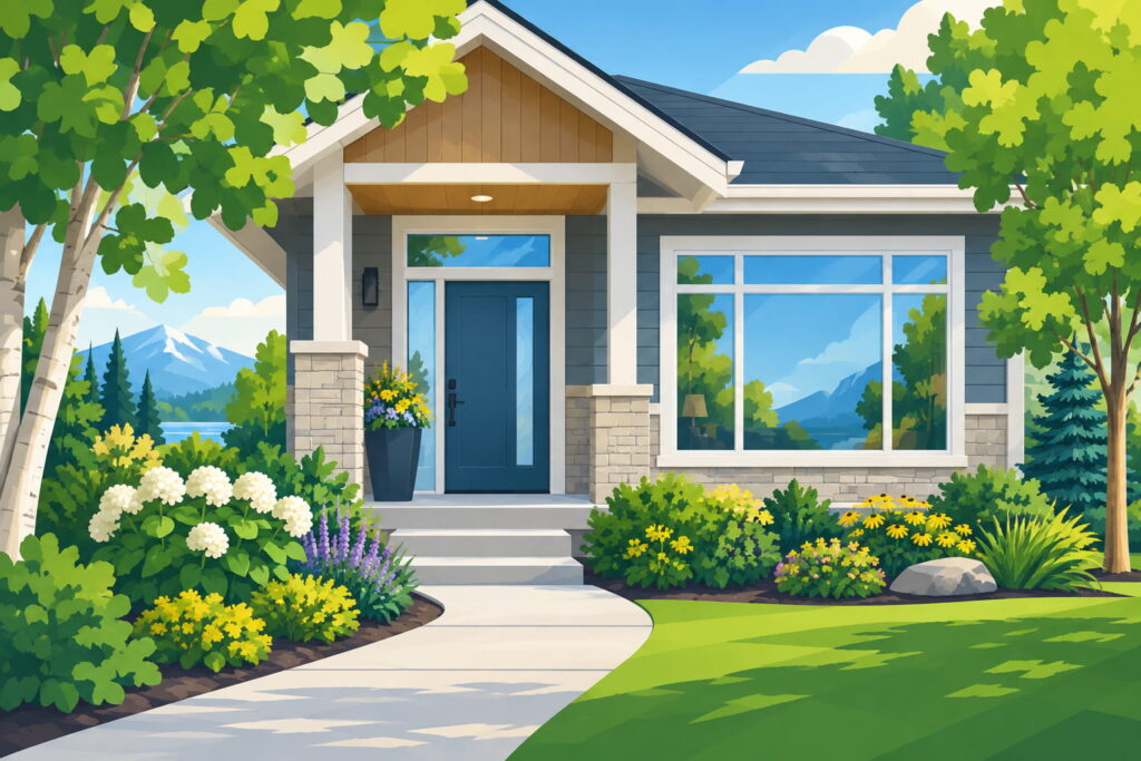 Illustration of a home with replacement windows and an upgraded entry door in Alberta