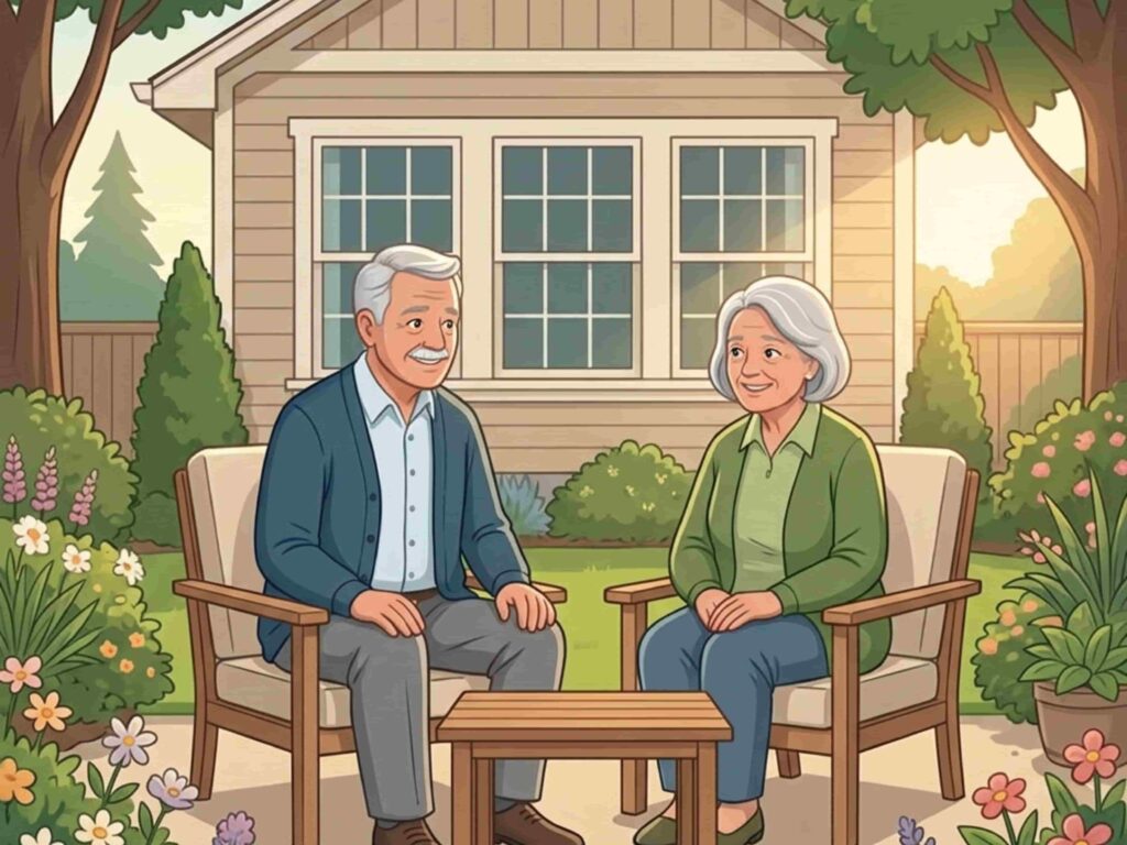Illustration of homeowners participating in everyday activities within a residential Alberta community