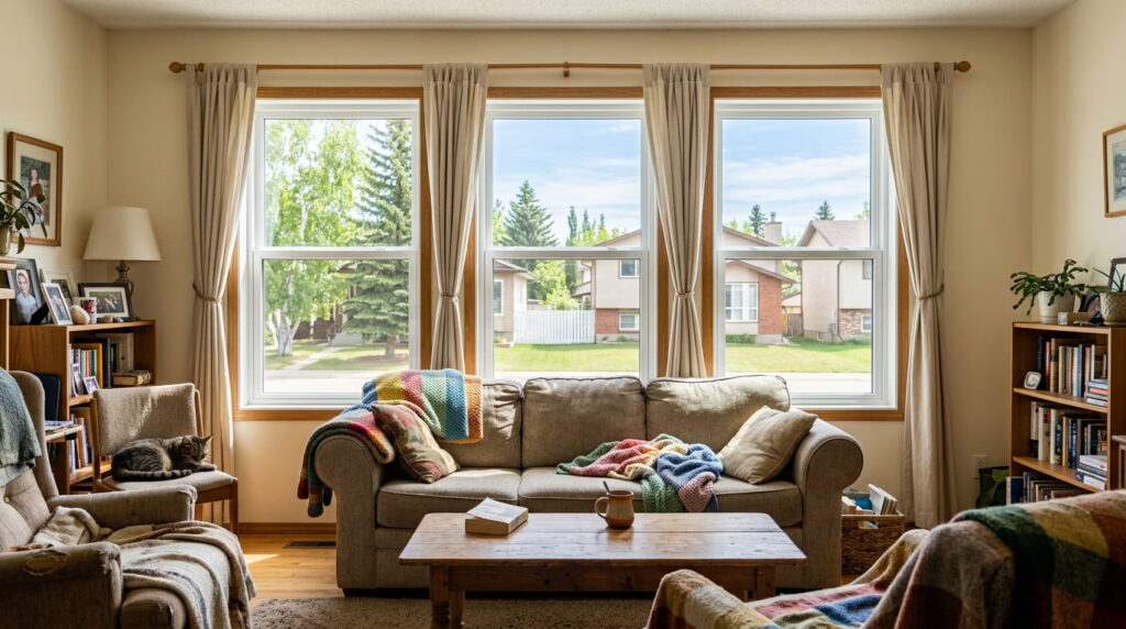 Sunlit Edmonton living room featuring white vinyl replacement windows, comfortable seating, a cat resting nearby, and views of a mature residential neighborhood.
