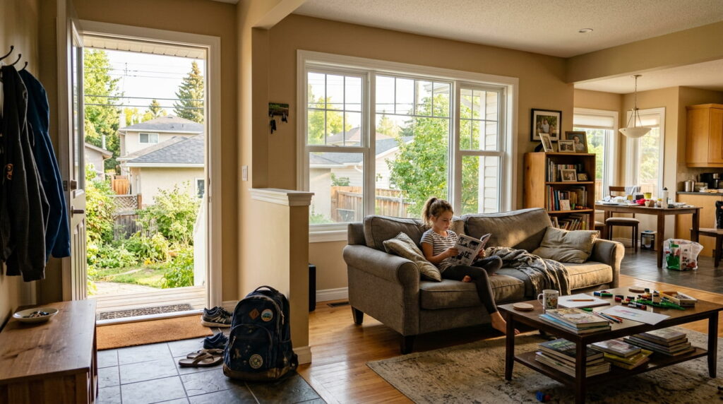 Child reading on a living room sofa with large energy-efficient windows bringing natural light into an Edmonton home.