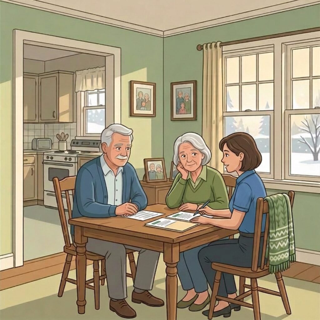 Illustration of homeowners reviewing home improvement options with an advisor at home