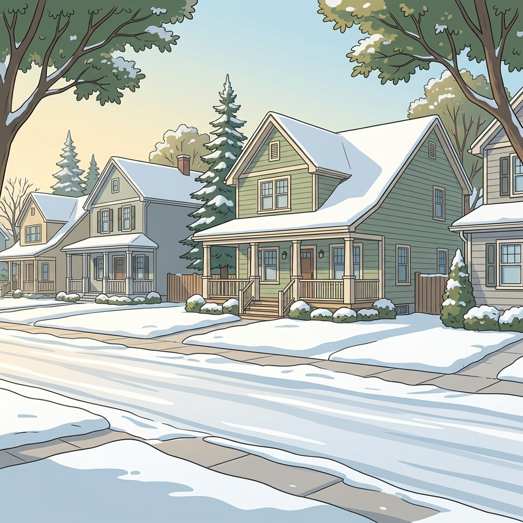 Illustration of residential homes in an Alberta neighbourhood during winter