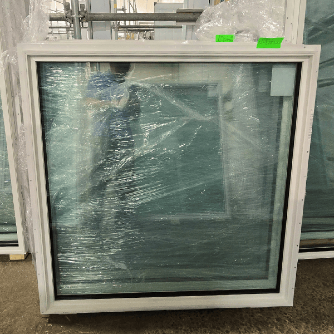 A 47" x 47" fixed window with a white virgin vinyl frame