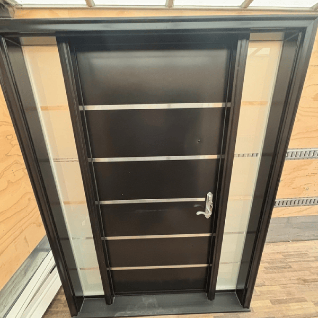 A Contemporary Door in Espresso with accents and dual side lights
